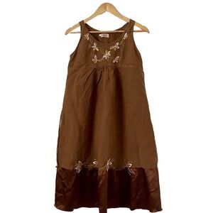 Girls Pullover Cotton Flower Embroidered Sundress With Lining Brown Size Large